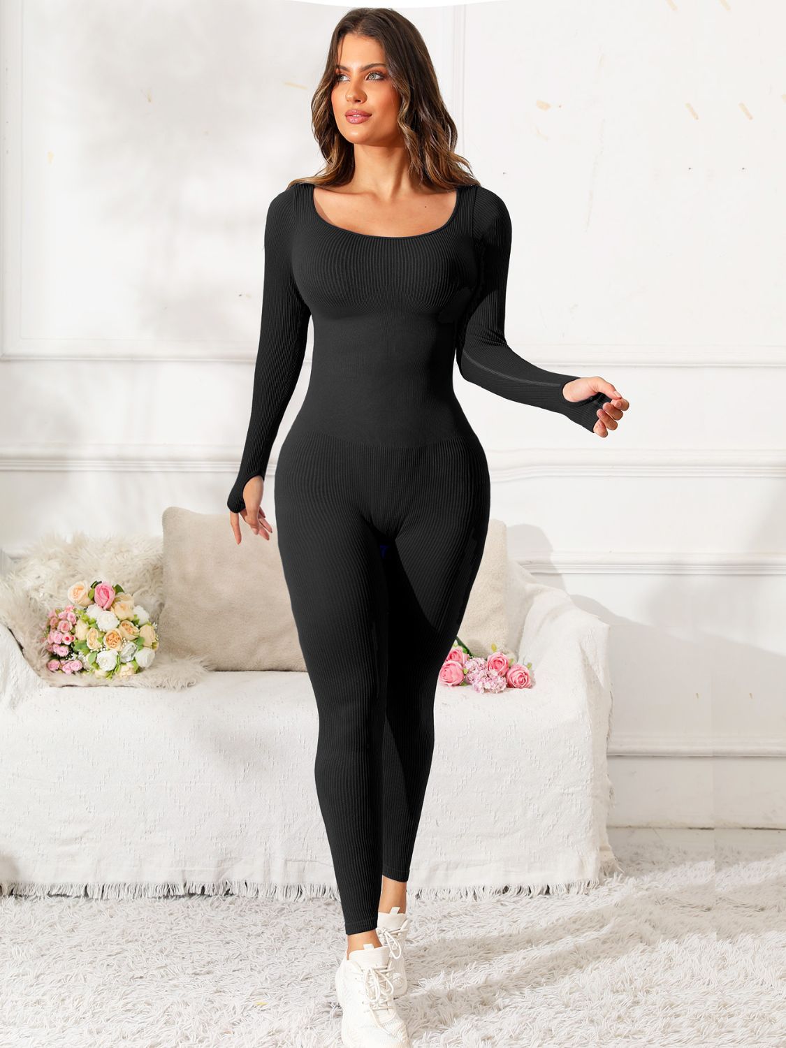 Scoop Neck Long Sleeve Active Jumpsuit - Flip Flop Dynasty