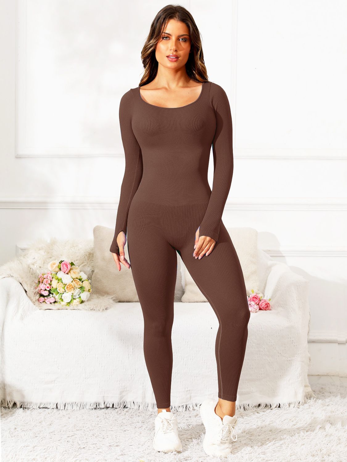 Scoop Neck Long Sleeve Active Jumpsuit - Flip Flop Dynasty