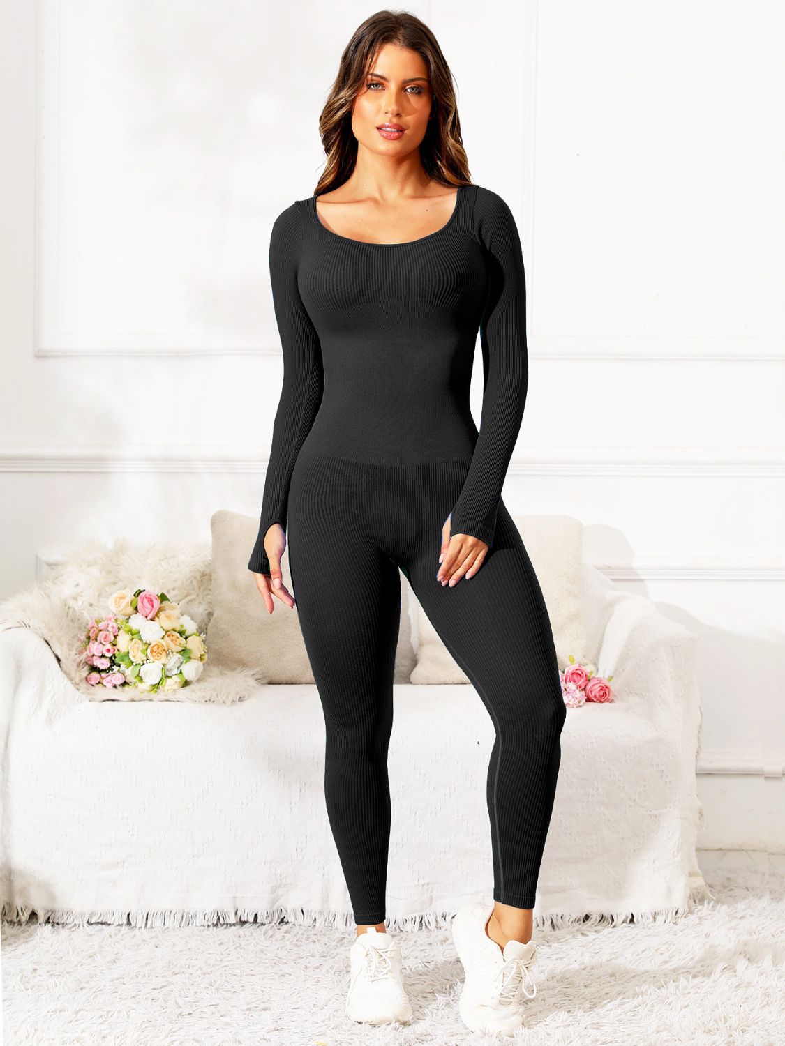 Scoop Neck Long Sleeve Active Jumpsuit - Flip Flop Dynasty