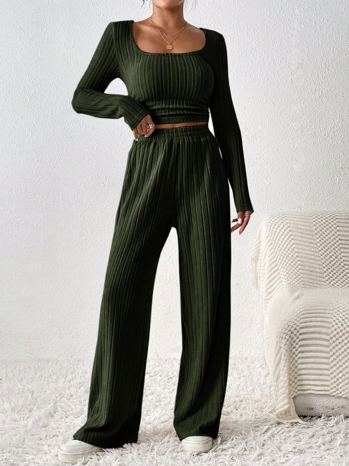 Scoop Neck Long Sleeve Top and Pants Set - Flip Flop Dynasty