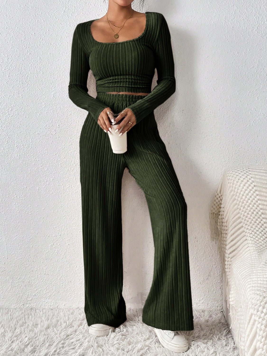 Scoop Neck Long Sleeve Top and Pants Set - Flip Flop Dynasty