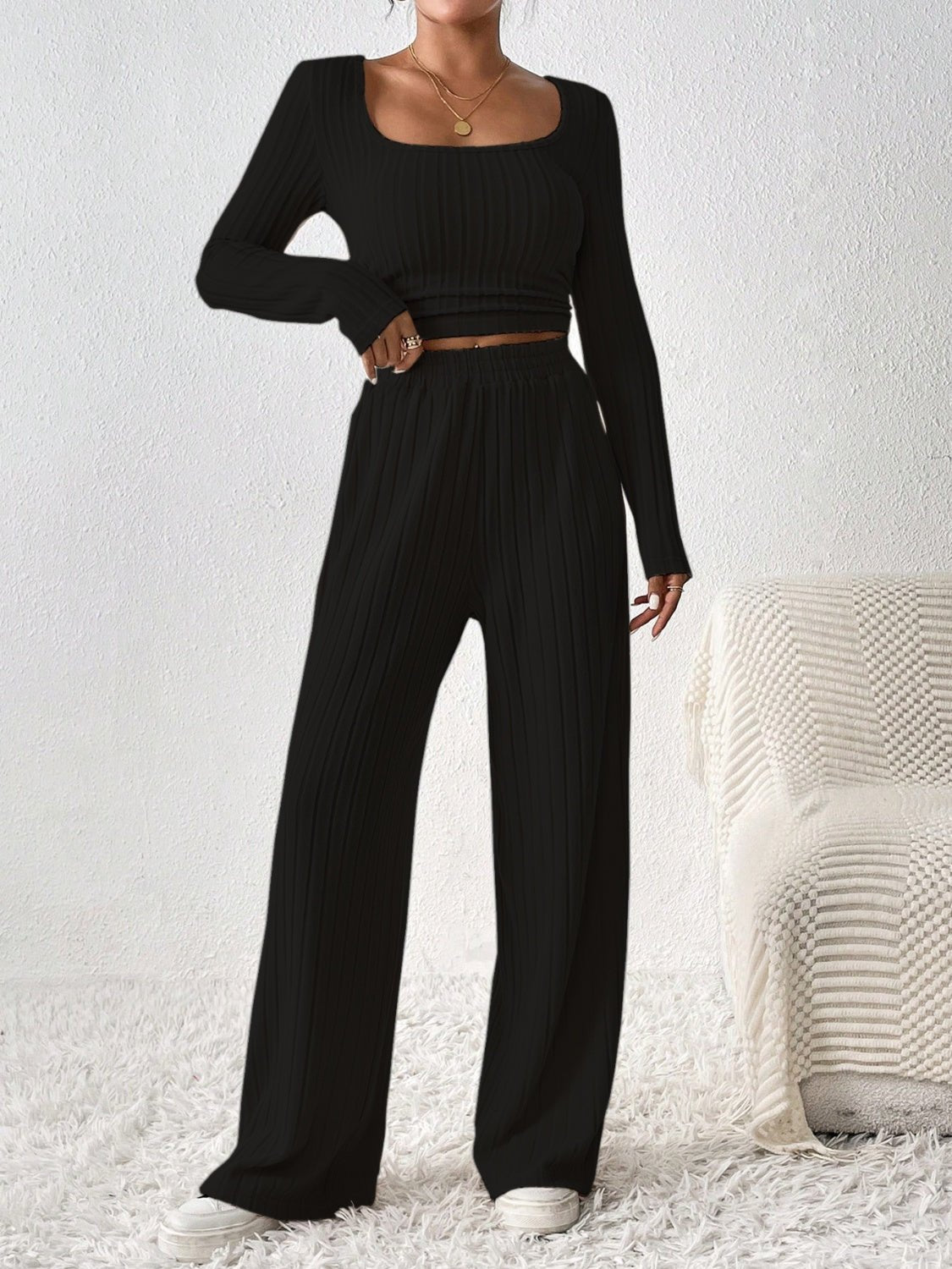 Scoop Neck Long Sleeve Top and Pants Set - Flip Flop Dynasty