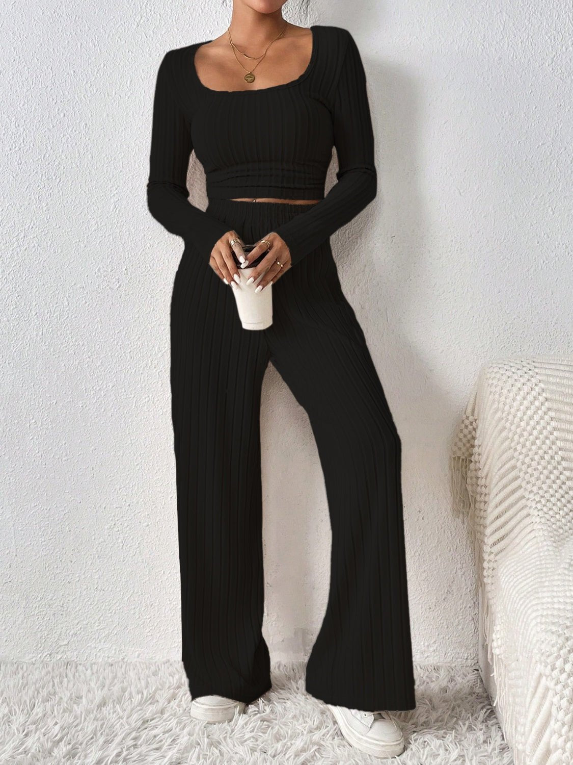 Scoop Neck Long Sleeve Top and Pants Set - Flip Flop Dynasty