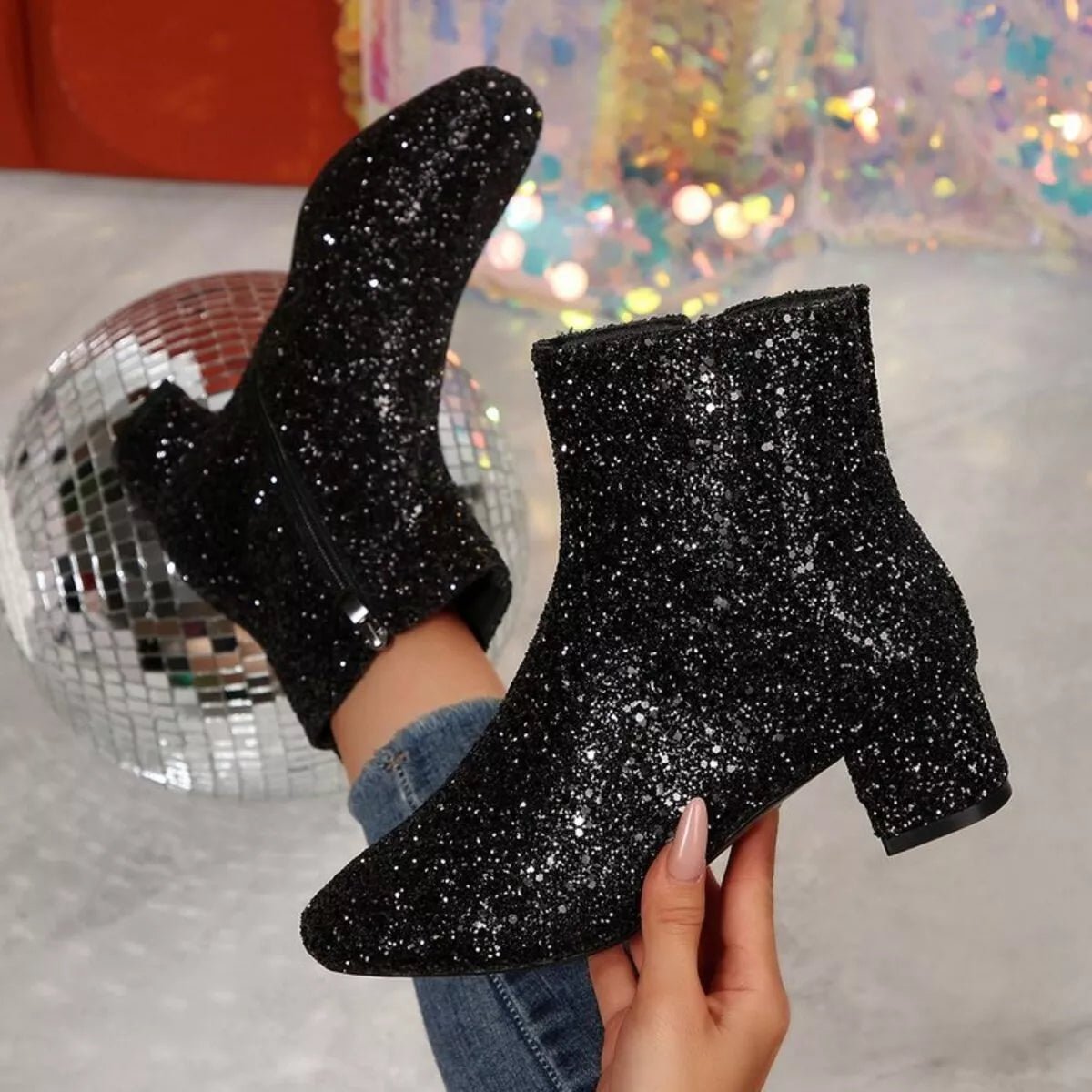 Sequin Block Heels Boots - Flip Flop Dynasty