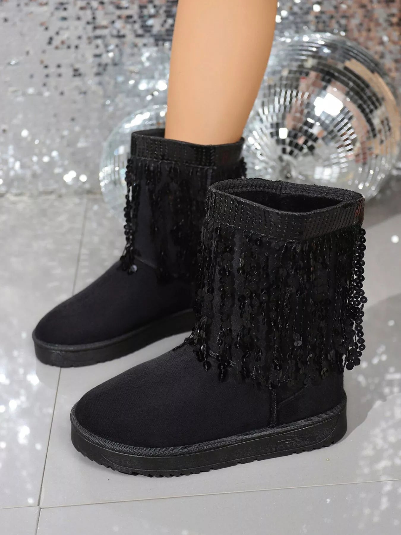 Sequin Fringe Suede Winter Boots - Flip Flop Dynasty