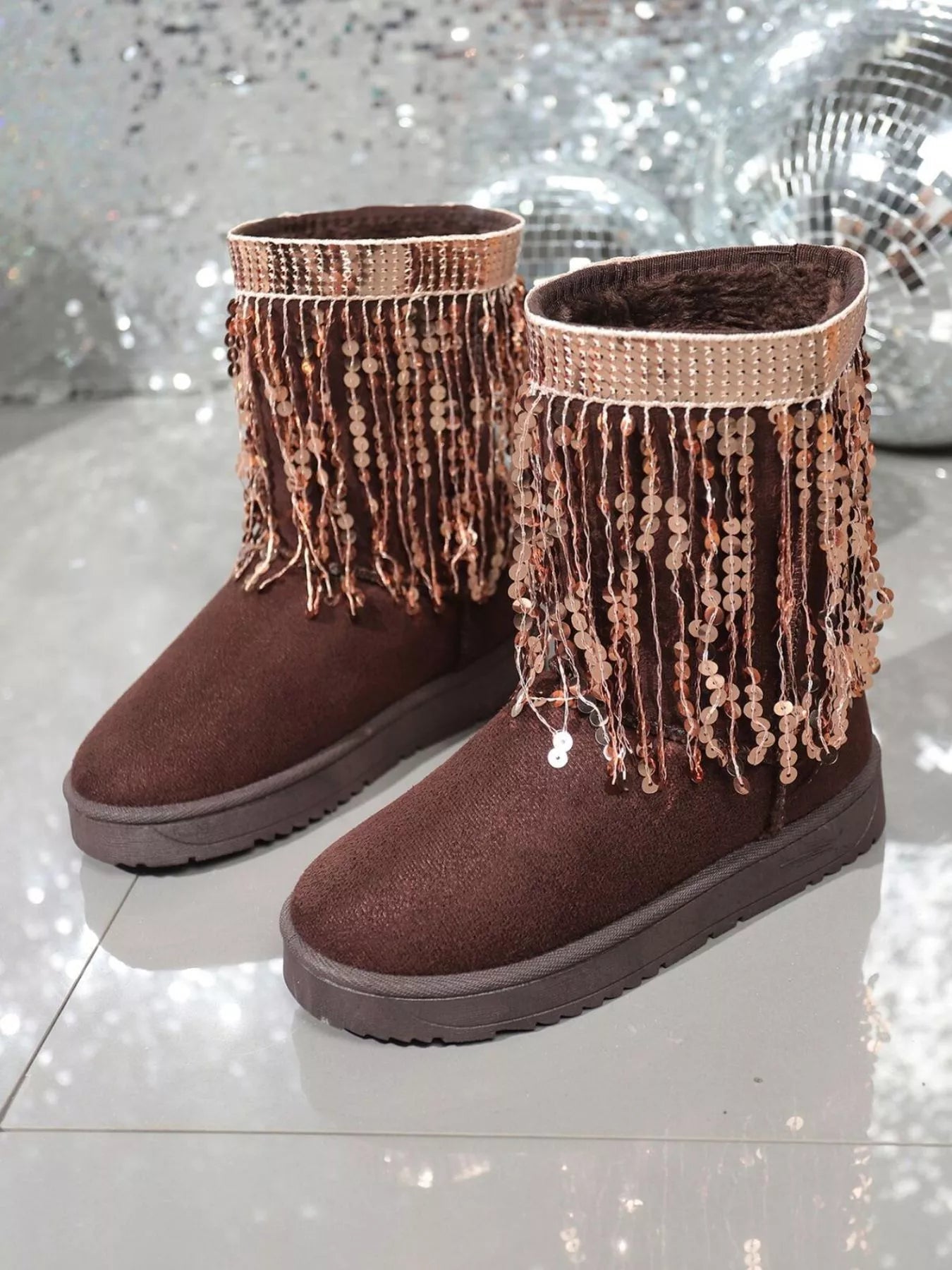 Sequin Fringe Suede Winter Boots - Flip Flop Dynasty