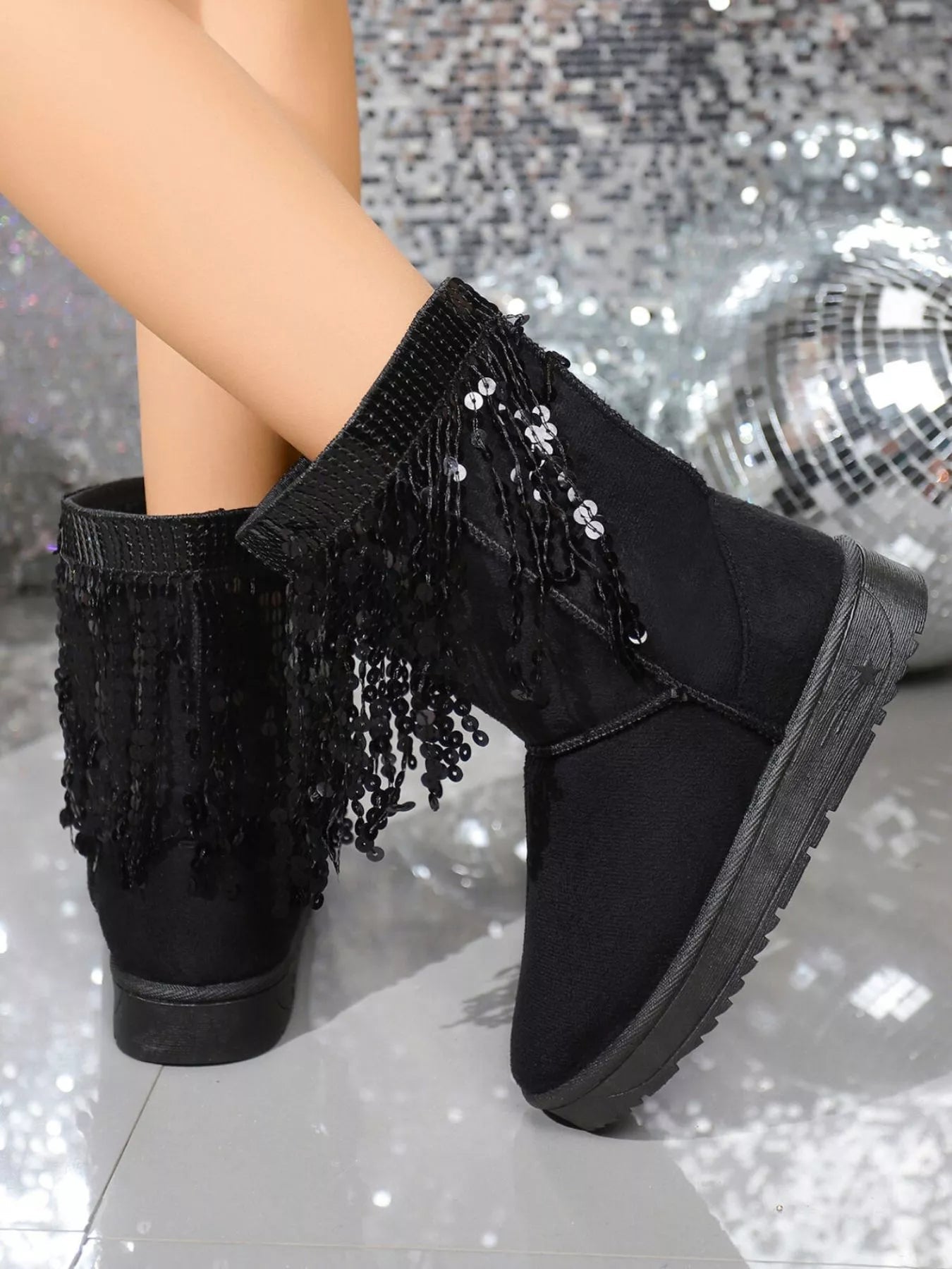 Sequin Fringe Suede Winter Boots - Flip Flop Dynasty