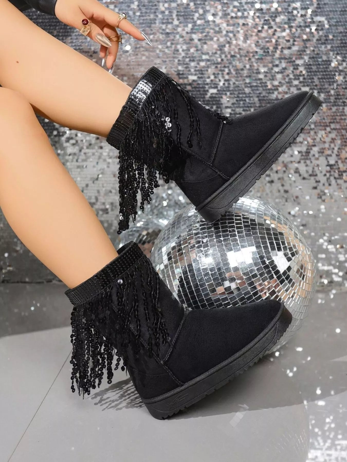 Sequin Fringe Suede Winter Boots - Flip Flop Dynasty