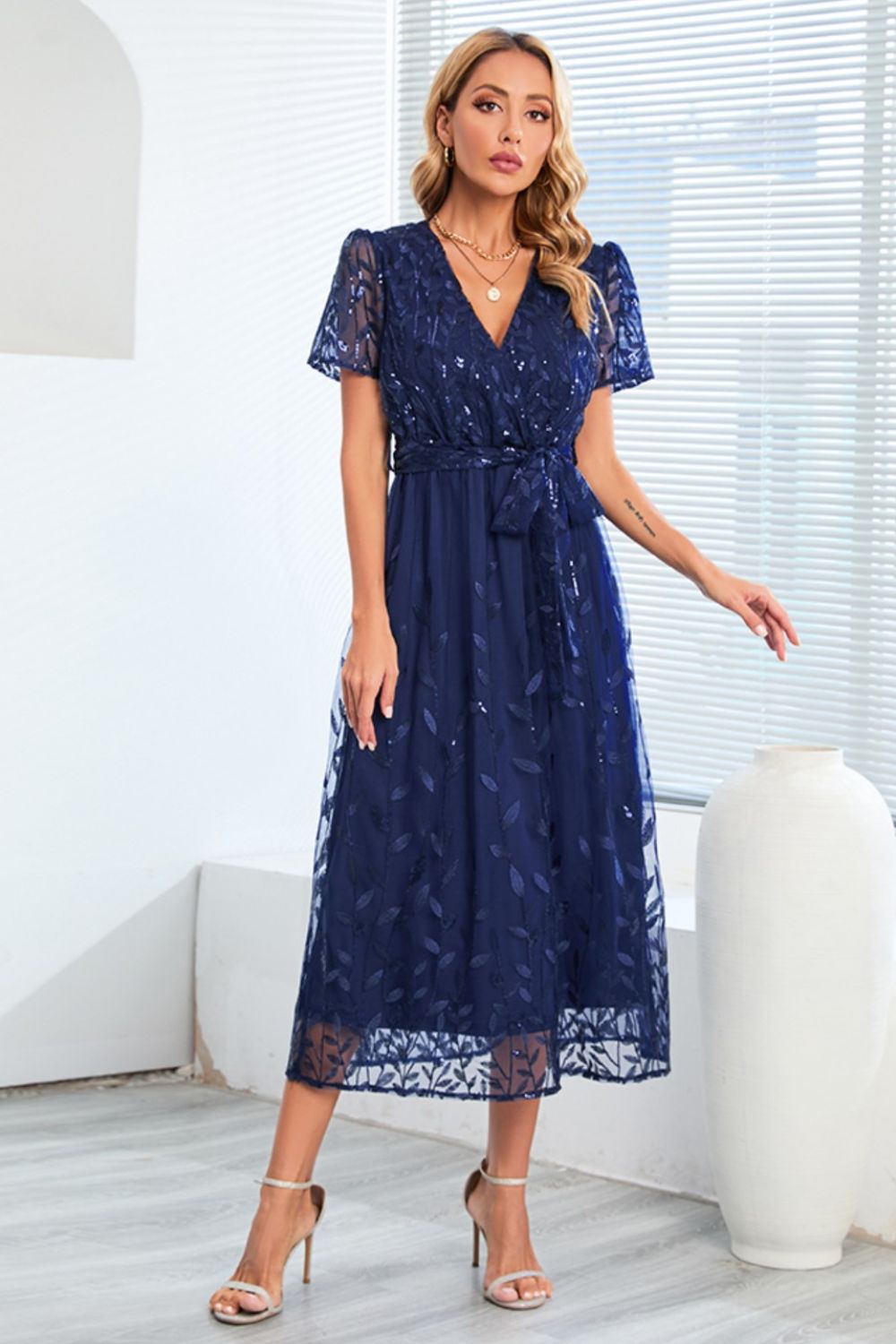 Sequin Leaf Embroidery Tie Front Short Sleeve Dress - Flip Flop Dynasty