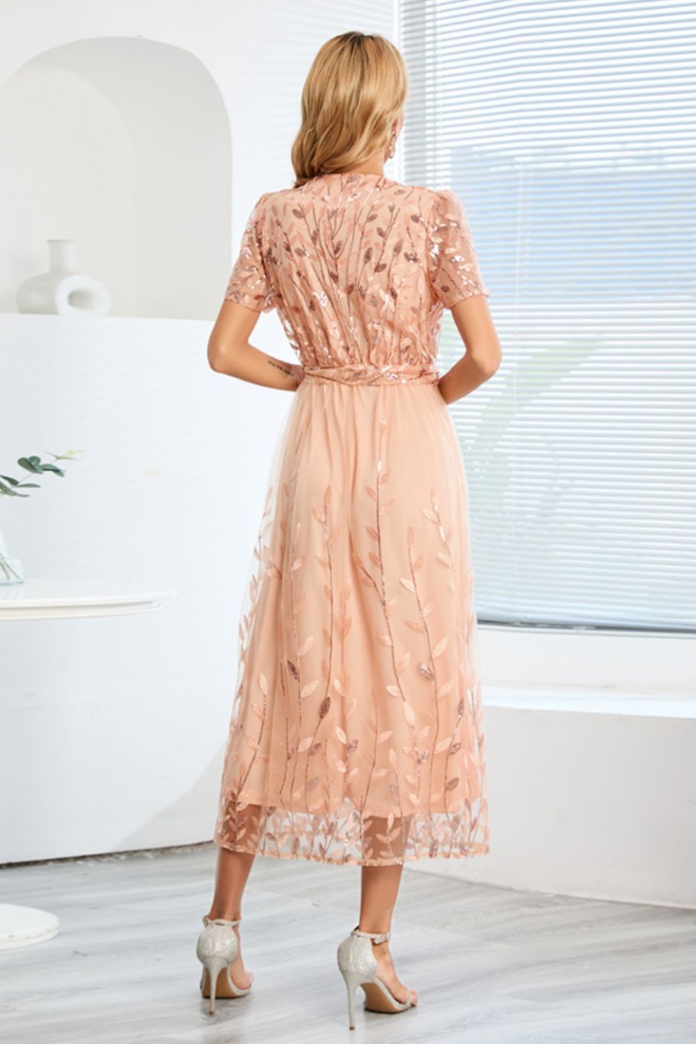 Sequin Leaf Embroidery Tie Front Short Sleeve Dress - Flip Flop Dynasty