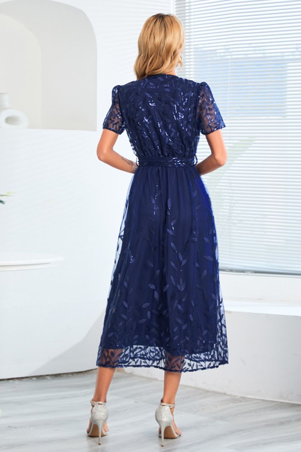 Sequin Leaf Embroidery Tie Front Short Sleeve Dress - Flip Flop Dynasty