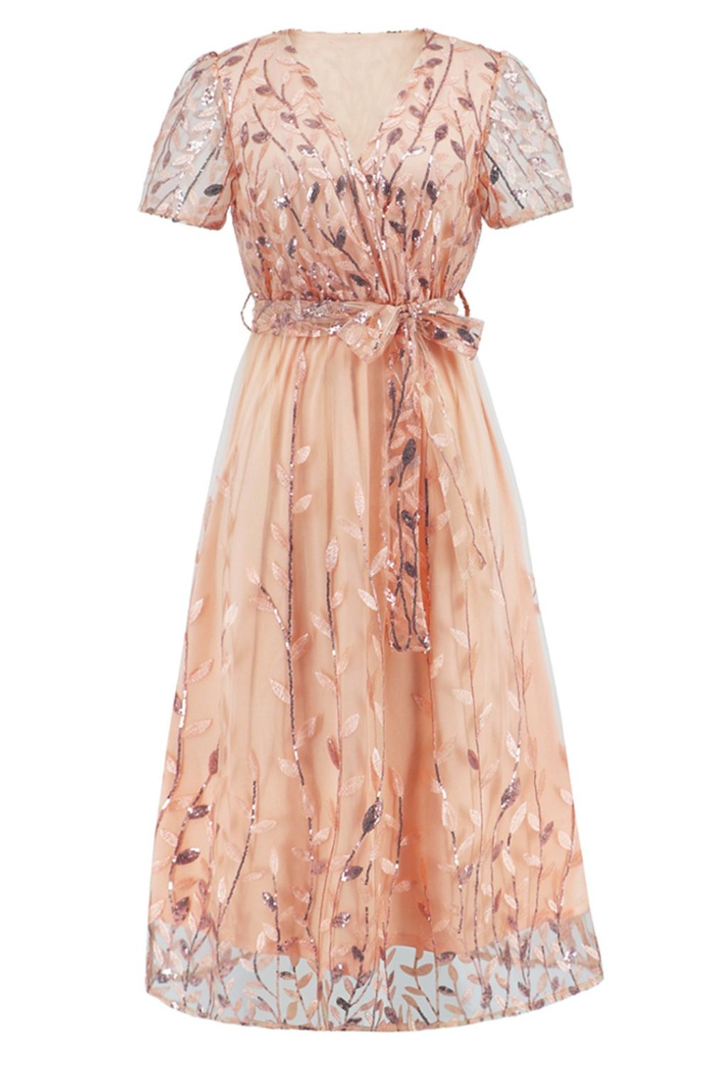 Sequin Leaf Embroidery Tie Front Short Sleeve Dress - Flip Flop Dynasty