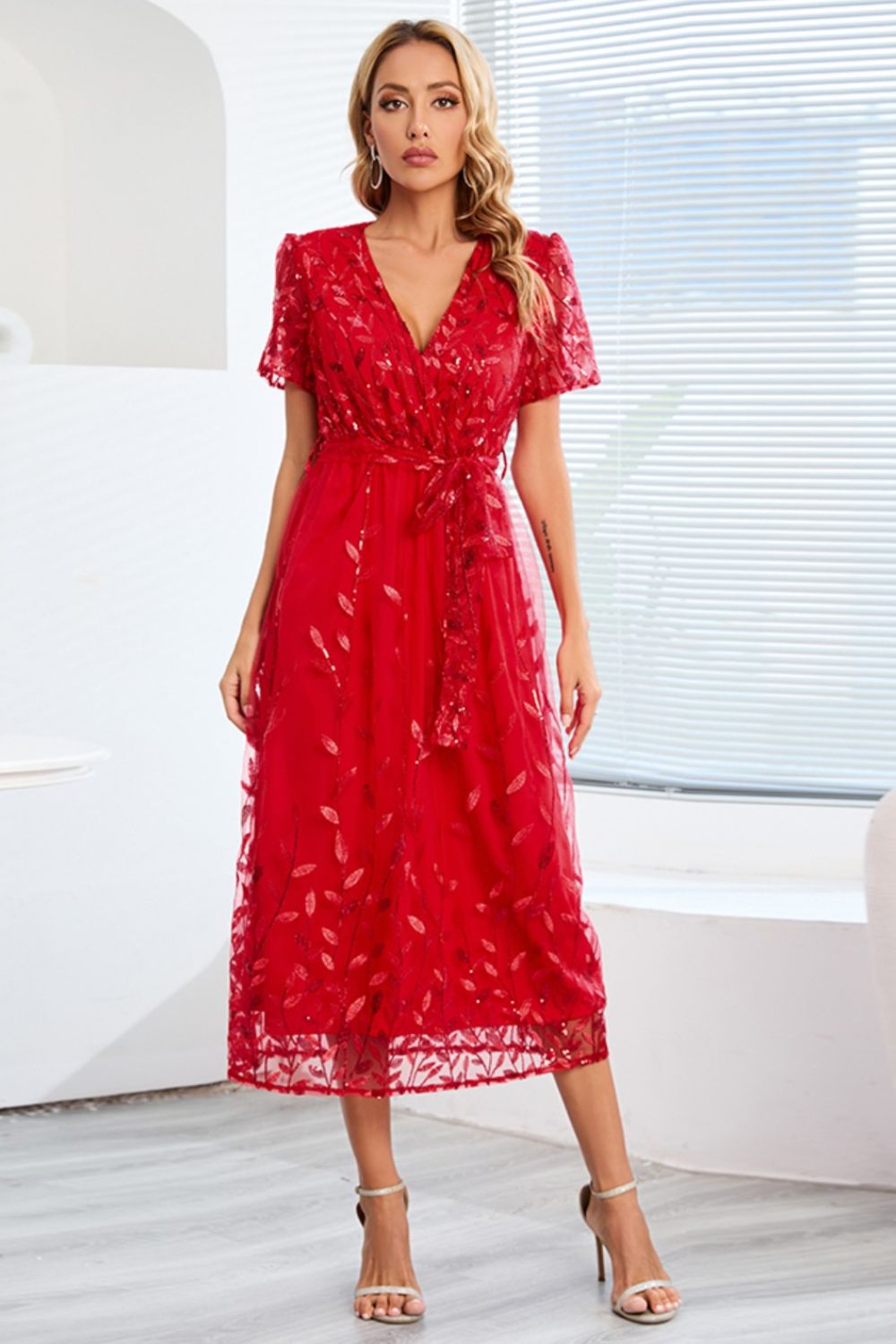 Sequin Leaf Embroidery Tie Front Short Sleeve Dress - Flip Flop Dynasty