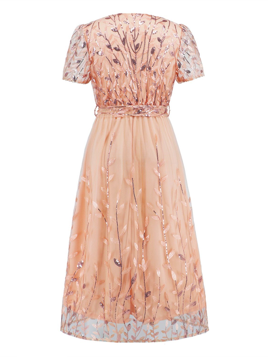 Sequin Leaf Embroidery Tie Front Short Sleeve Dress - Flip Flop Dynasty