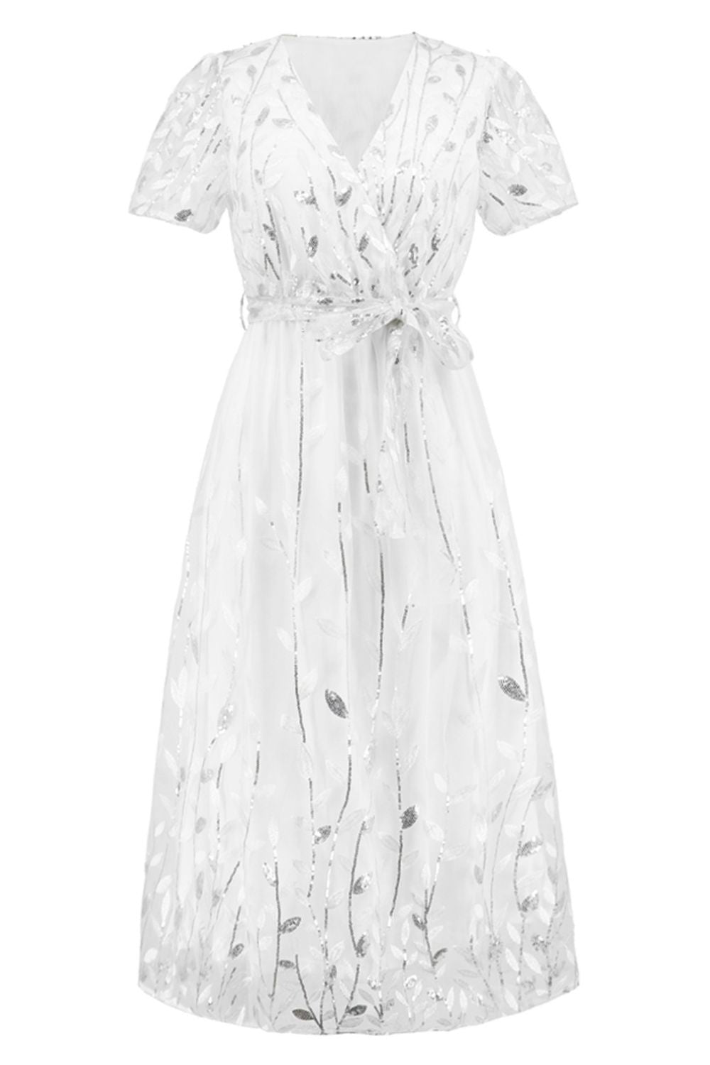 Sequin Leaf Embroidery Tie Front Short Sleeve Dress - Flip Flop Dynasty