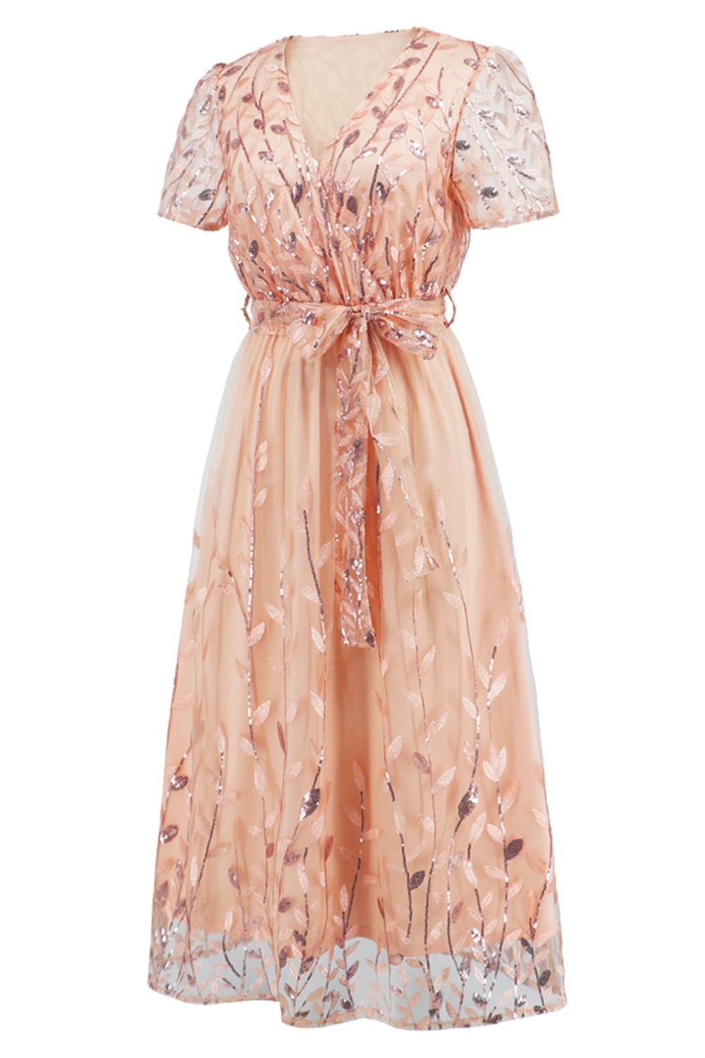 Sequin Leaf Embroidery Tie Front Short Sleeve Dress - Flip Flop Dynasty