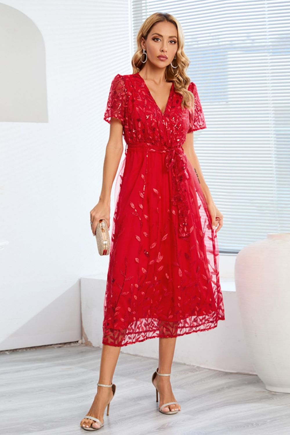 Sequin Leaf Embroidery Tie Front Short Sleeve Dress - Flip Flop Dynasty