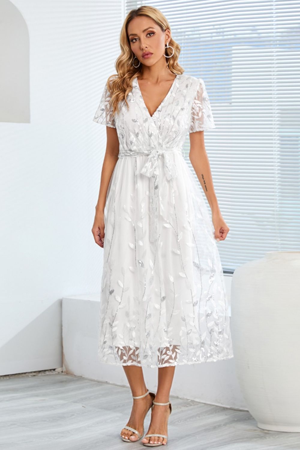 Sequin Leaf Embroidery Tie Front Short Sleeve Dress - Flip Flop Dynasty