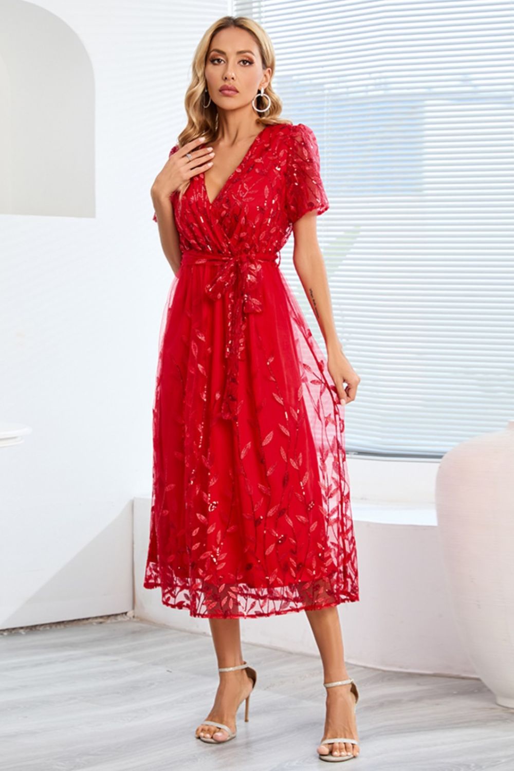 Sequin Leaf Embroidery Tie Front Short Sleeve Dress - Flip Flop Dynasty