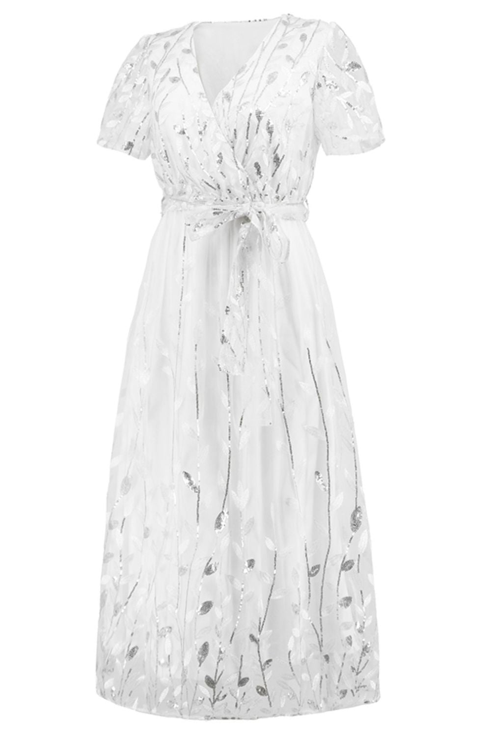 Sequin Leaf Embroidery Tie Front Short Sleeve Dress - Flip Flop Dynasty