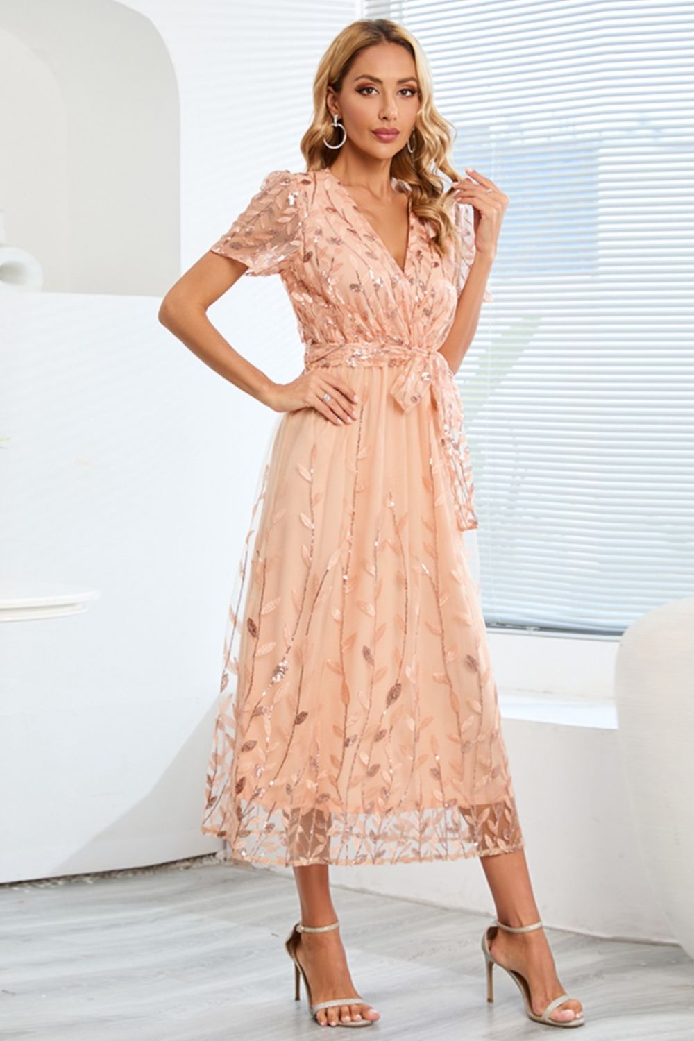 Sequin Leaf Embroidery Tie Front Short Sleeve Dress - Flip Flop Dynasty