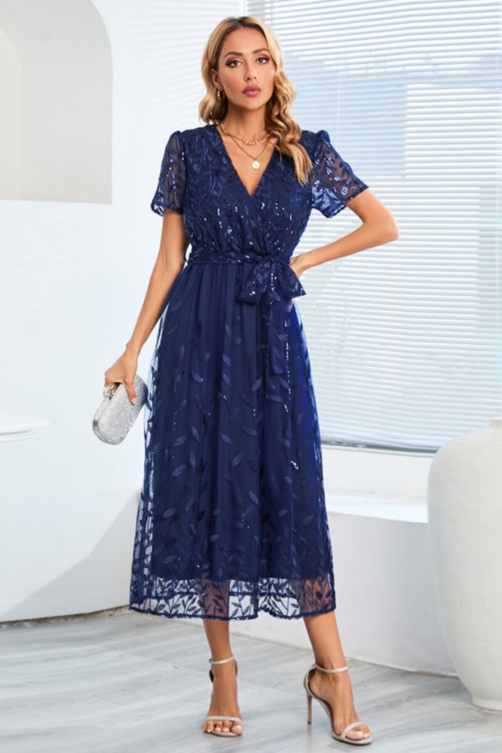 Sequin Leaf Embroidery Tie Front Short Sleeve Dress - Flip Flop Dynasty