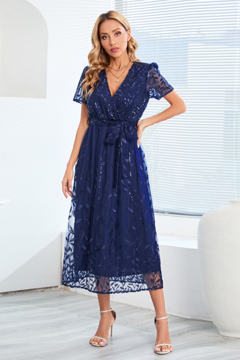 Sequin Leaf Embroidery Tie Front Short Sleeve Dress - Flip Flop Dynasty