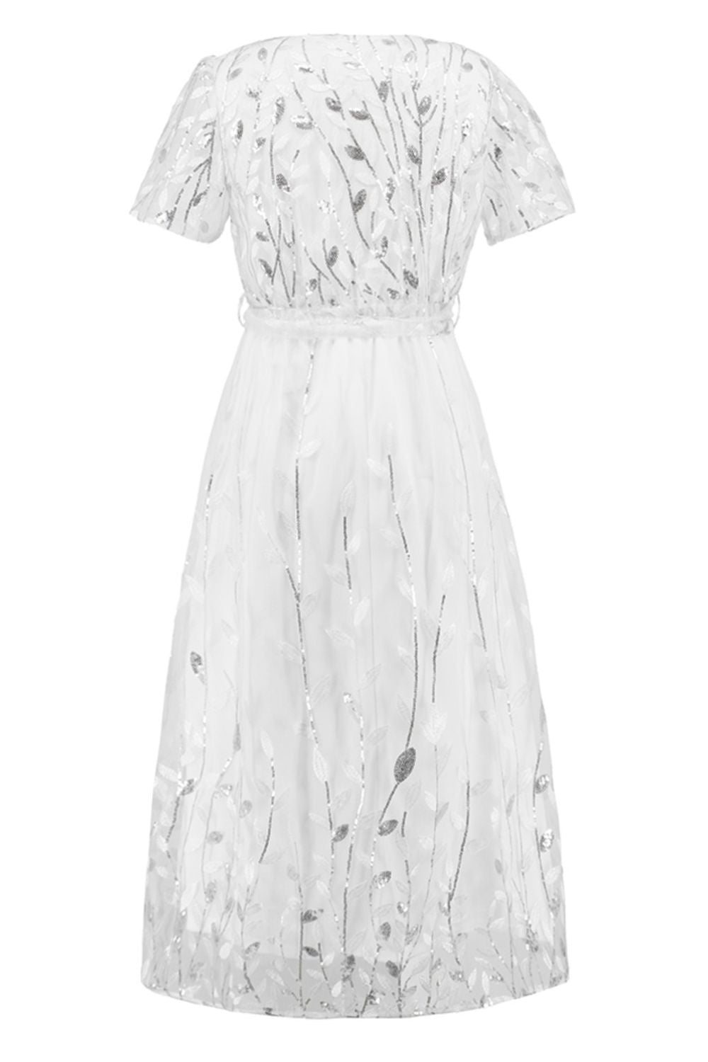 Sequin Leaf Embroidery Tie Front Short Sleeve Dress - Flip Flop Dynasty