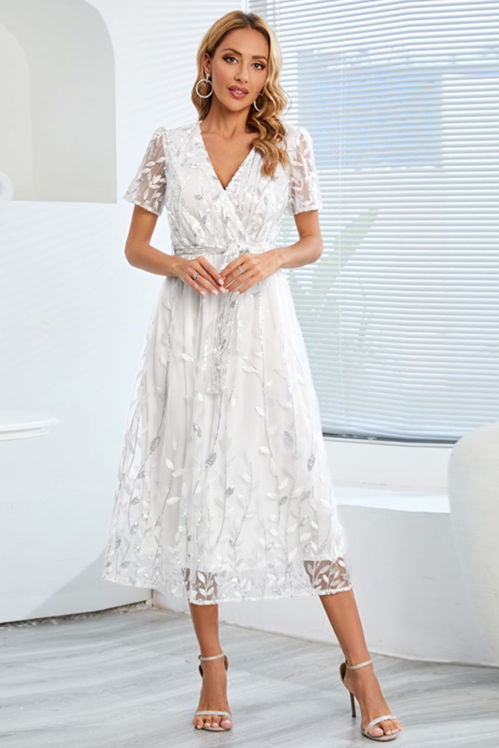 Sequin Leaf Embroidery Tie Front Short Sleeve Dress - Flip Flop Dynasty