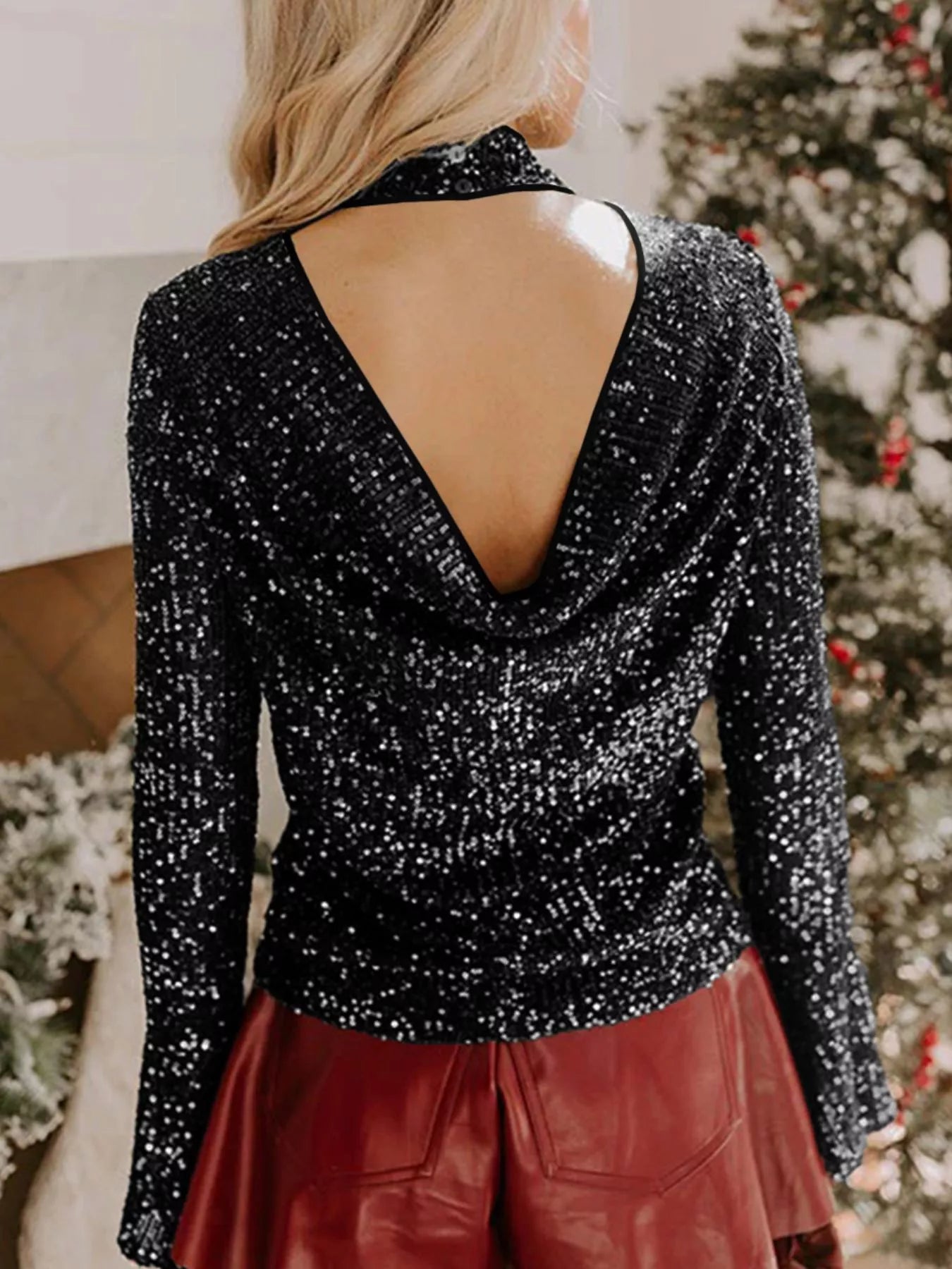 Sequin Mock Neck Drape Open Back Bell Sleeve Top - Flip Flop Dynasty
