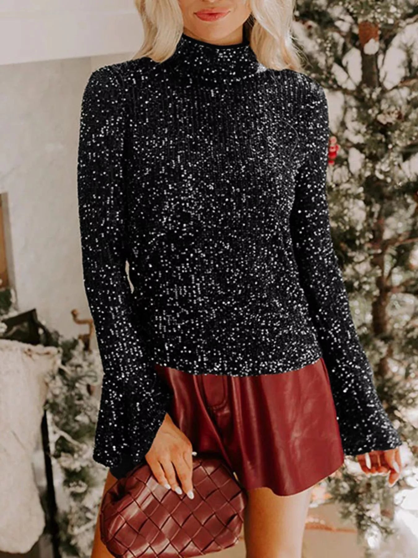 Sequin Mock Neck Drape Open Back Bell Sleeve Top - Flip Flop Dynasty
