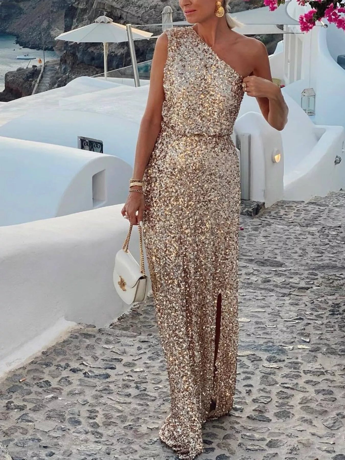 Sequin One - Shoulder Slit Maxi Dress - Flip Flop Dynasty