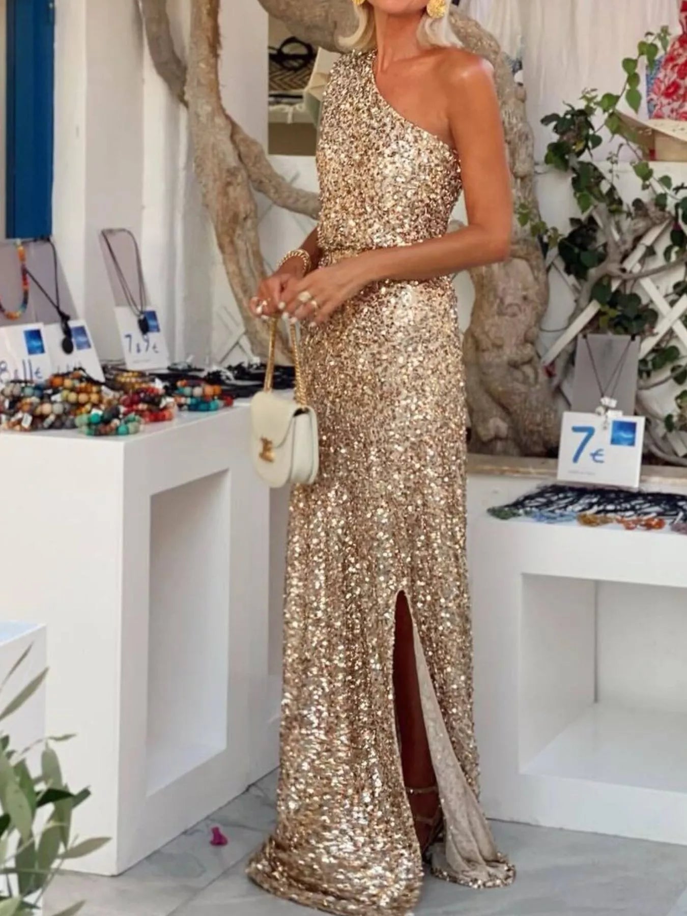 Sequin One - Shoulder Slit Maxi Dress - Flip Flop Dynasty