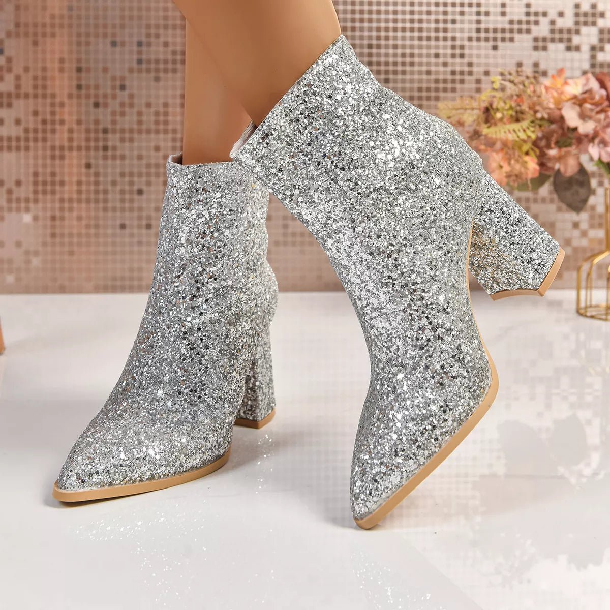 Sequin Point Toe Block Heels Boots - Flip Flop Dynasty
