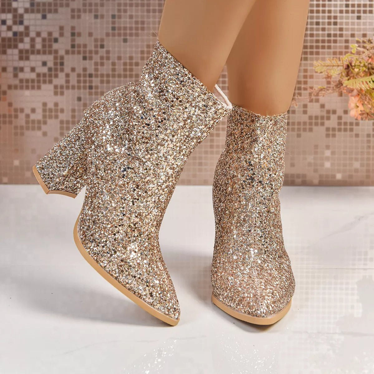 Sequin Point Toe Block Heels Boots - Flip Flop Dynasty