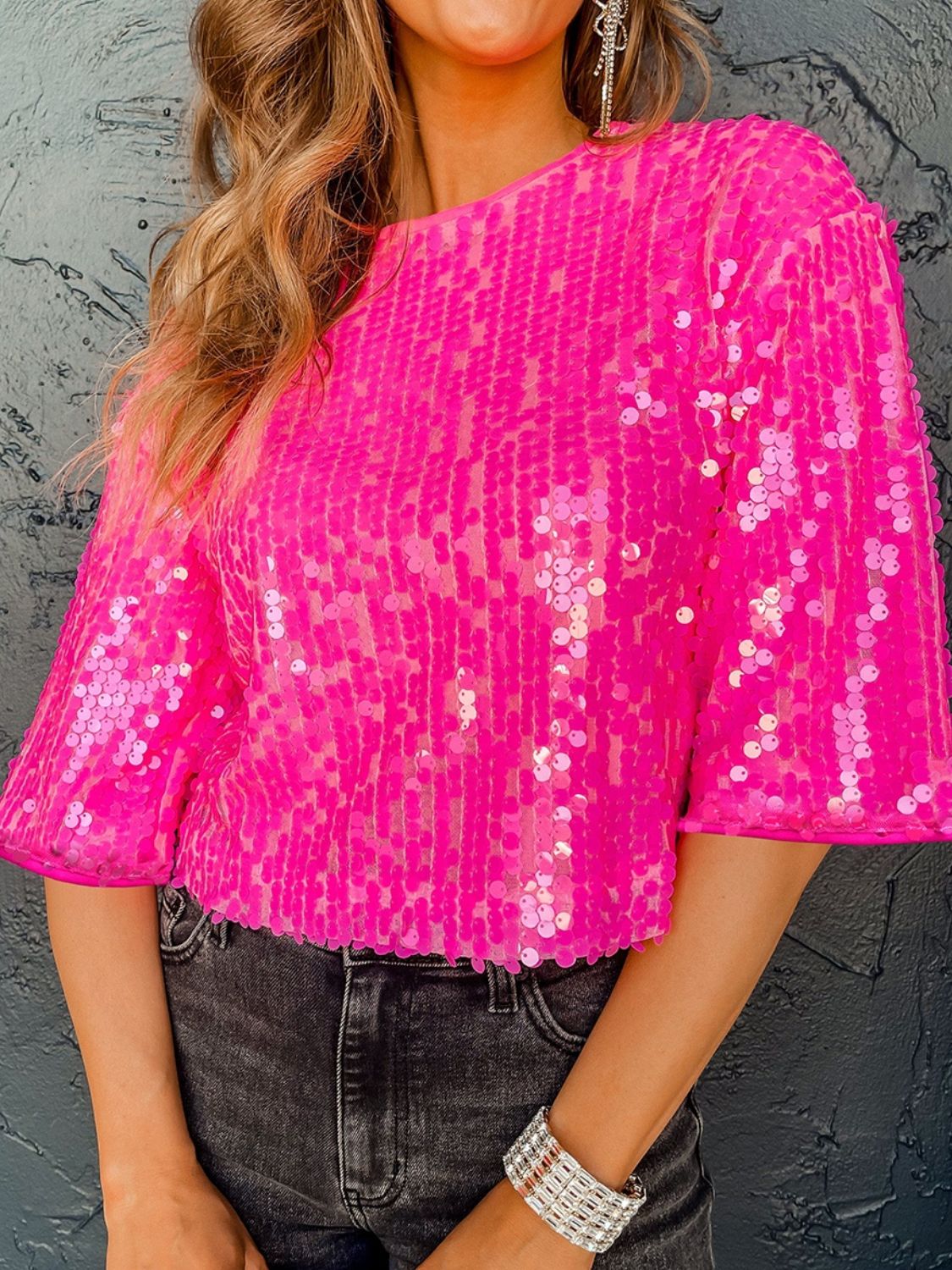 Sequin Round Neck Half Sleeve Blouse - Flip Flop Dynasty