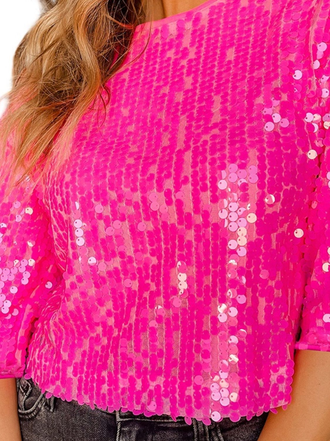 Sequin Round Neck Half Sleeve Blouse - Flip Flop Dynasty