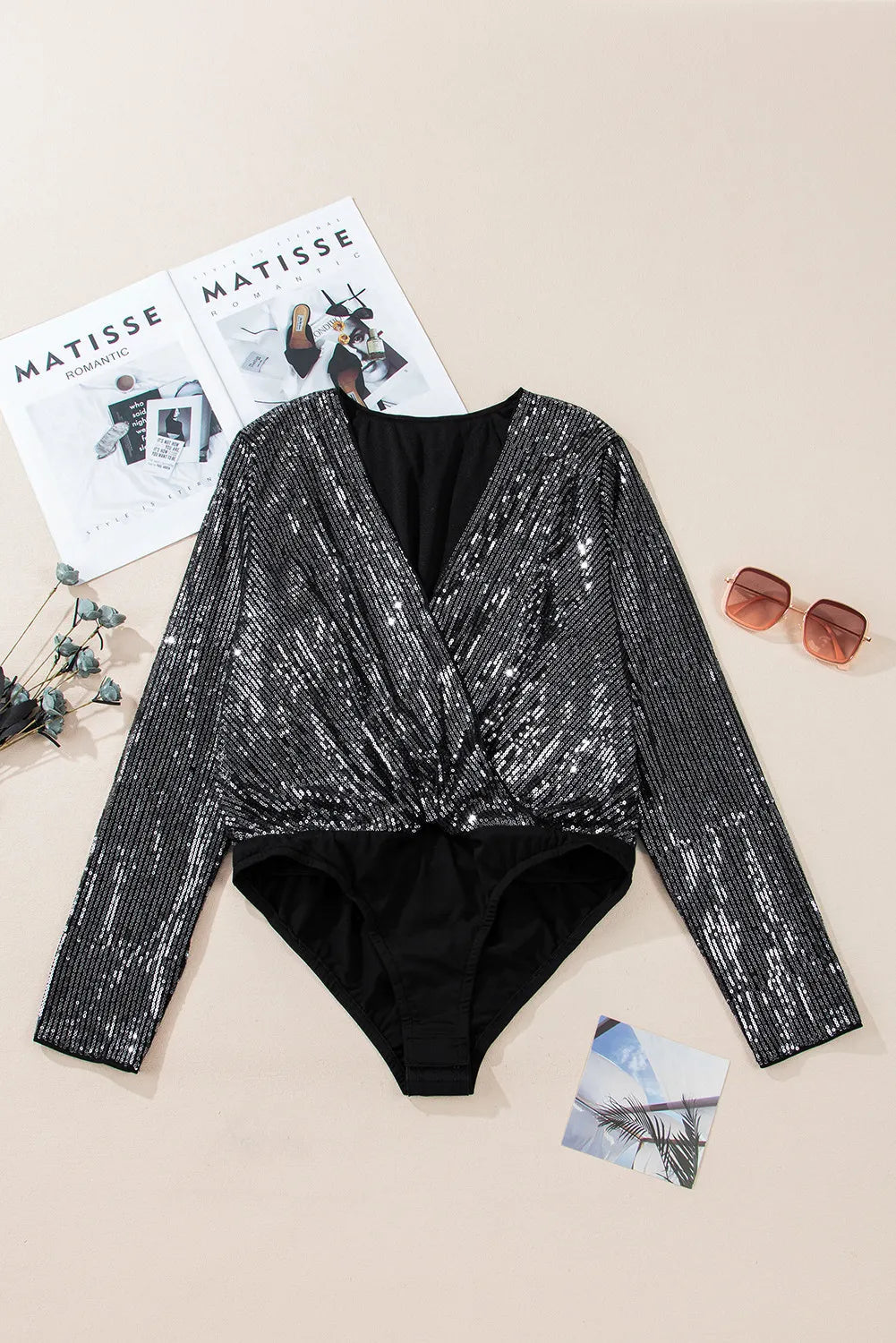 Sequin Surplice Long Sleeve Bodysuit - Flip Flop Dynasty