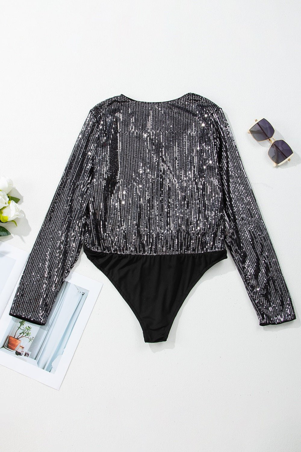 Sequin Surplice Long Sleeve Bodysuit - Flip Flop Dynasty