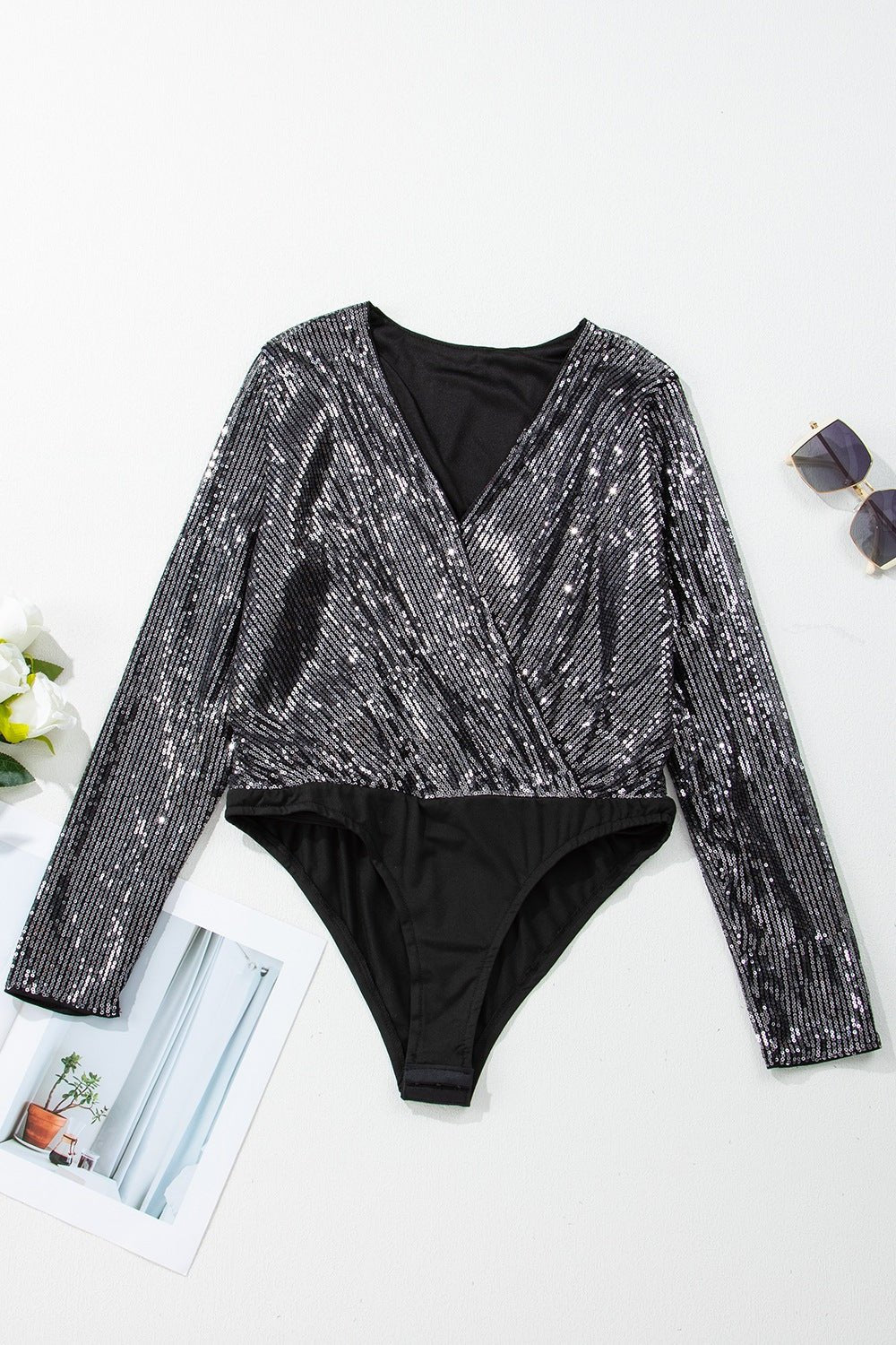 Sequin Surplice Long Sleeve Bodysuit - Flip Flop Dynasty