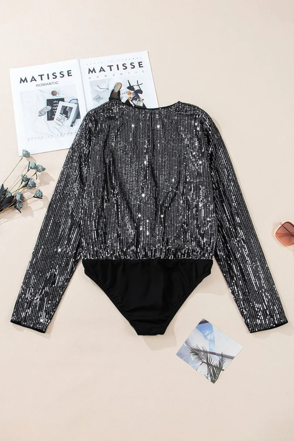 Sequin Surplice Long Sleeve Bodysuit - Flip Flop Dynasty