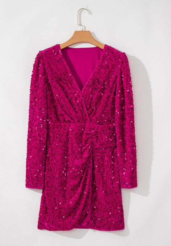 Sequin Surplice Long Sleeve Mini Dress - Flip Flop Dynasty