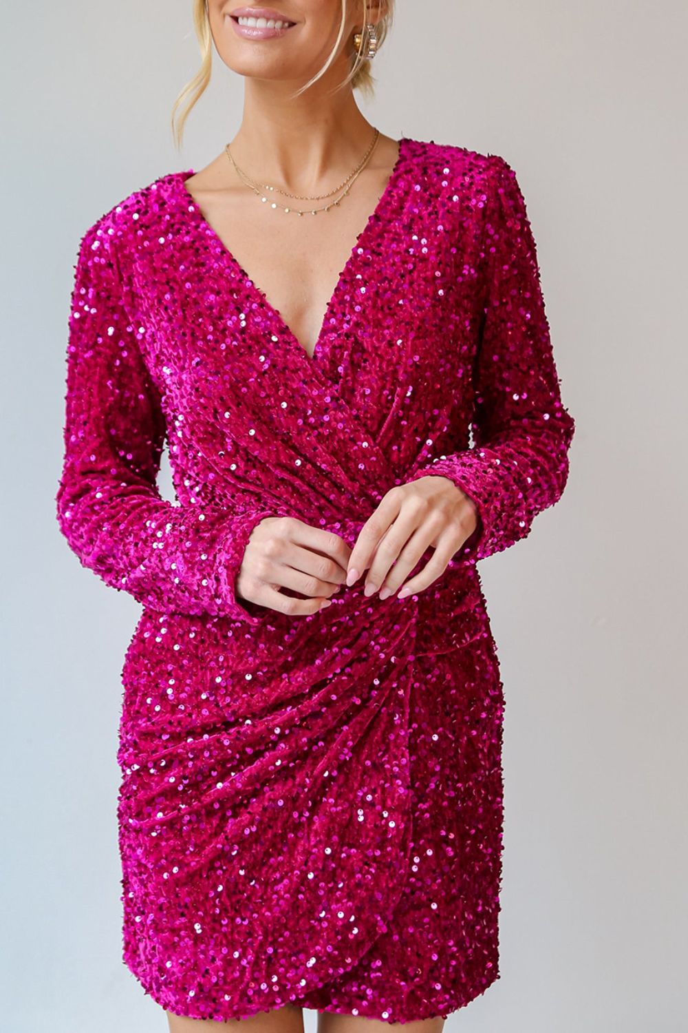 Sequin Surplice Long Sleeve Mini Dress - Flip Flop Dynasty