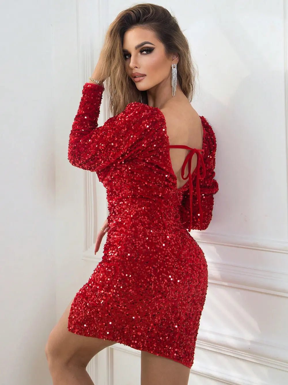 Sequin Sweetheart Neck Tie Back Long Sleeve Slit Dress - Flip Flop Dynasty