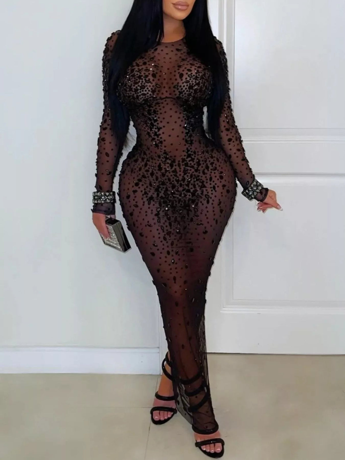 Sheer Mesh Rhinestone Embellished Long Sleeve Evening Dress - Flip Flop Dynasty