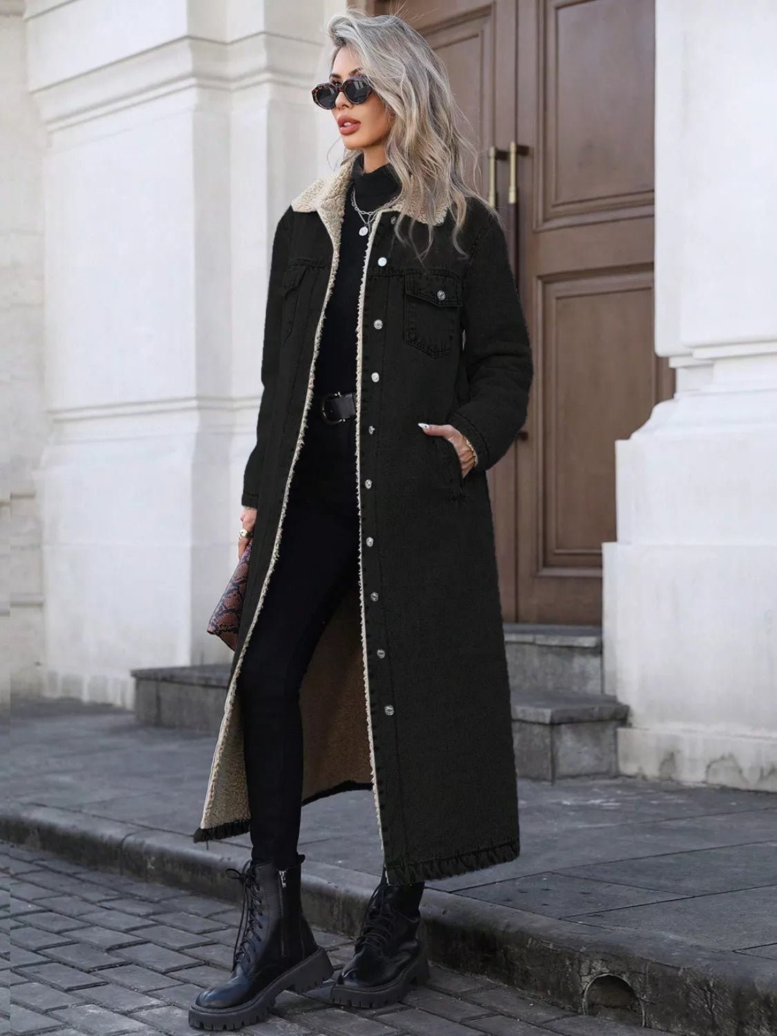 Sherpa Lined Longline Denim Jacket - Flip Flop Dynasty