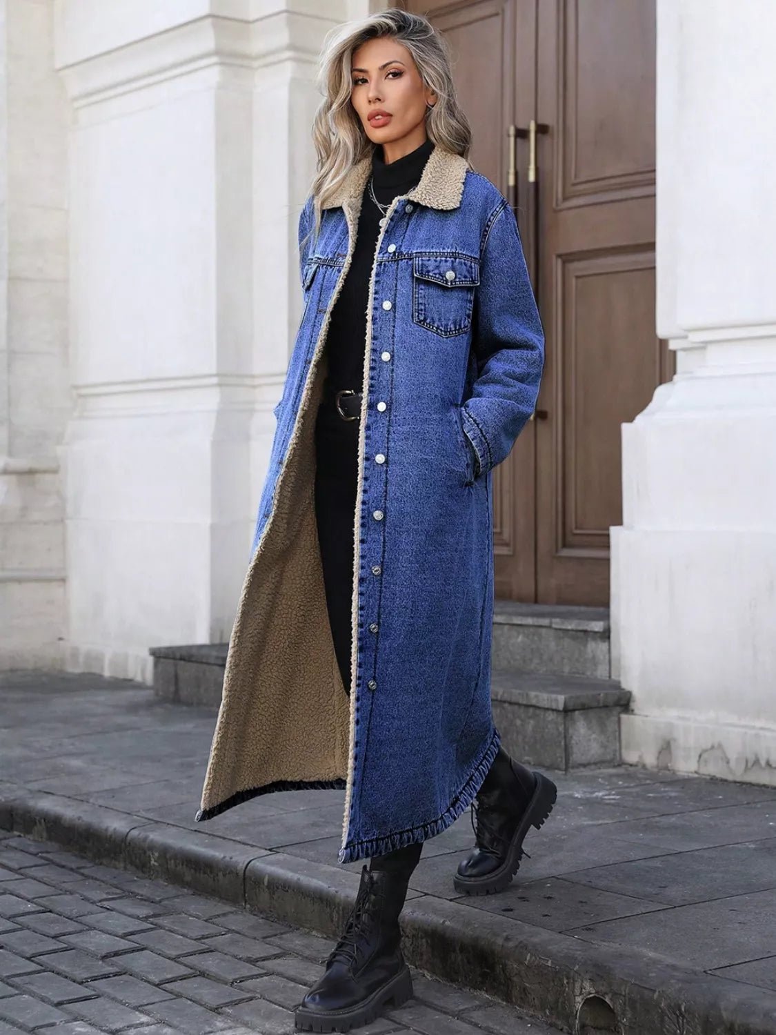 Sherpa Lined Longline Denim Jacket - Flip Flop Dynasty