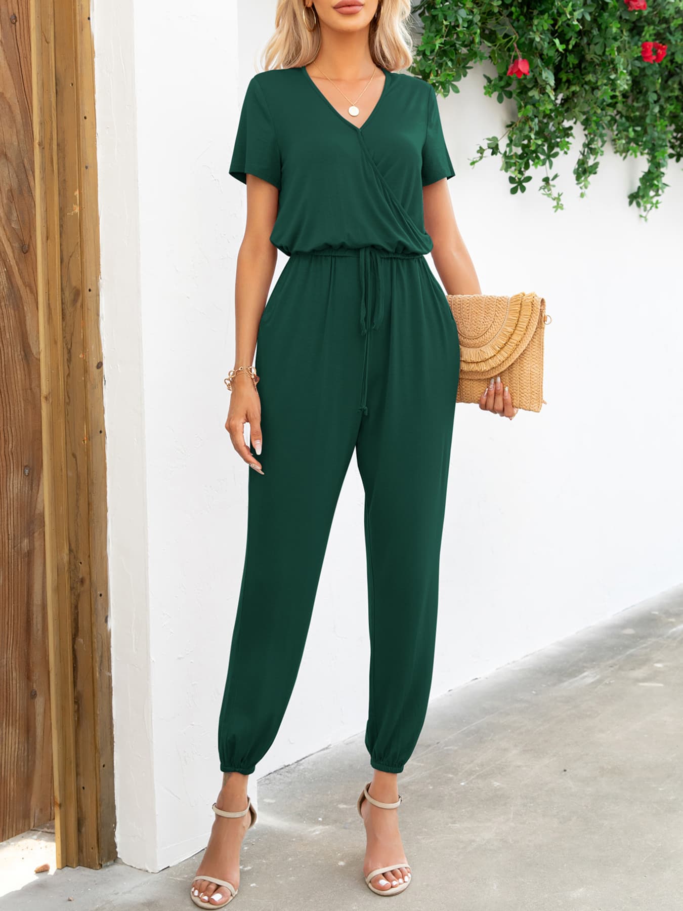 Short Sleeve V - Neck Jumpsuit with Pockets - Flip Flop Dynasty