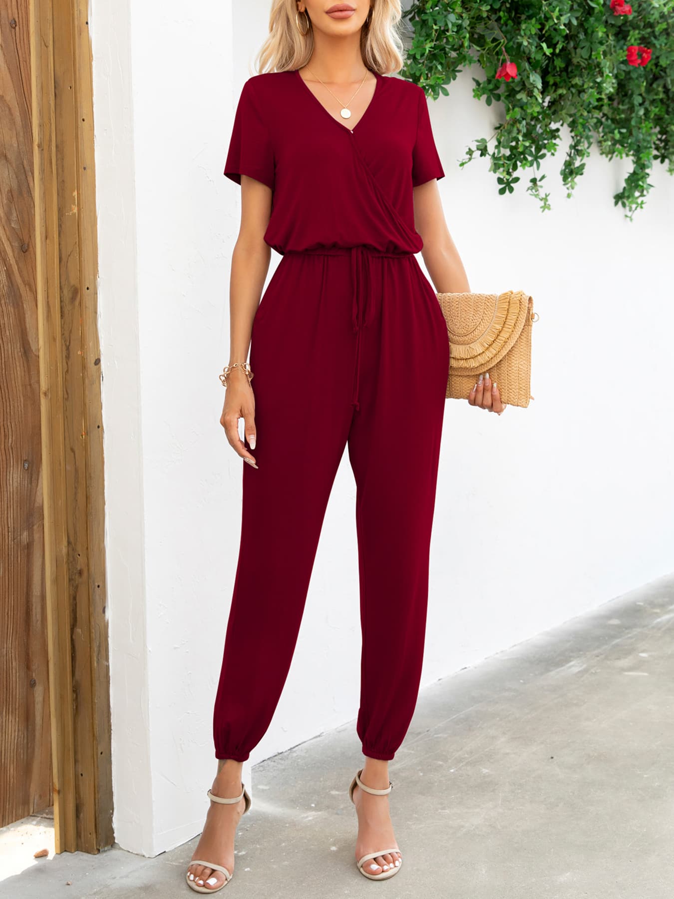 Short Sleeve V - Neck Jumpsuit with Pockets - Flip Flop Dynasty