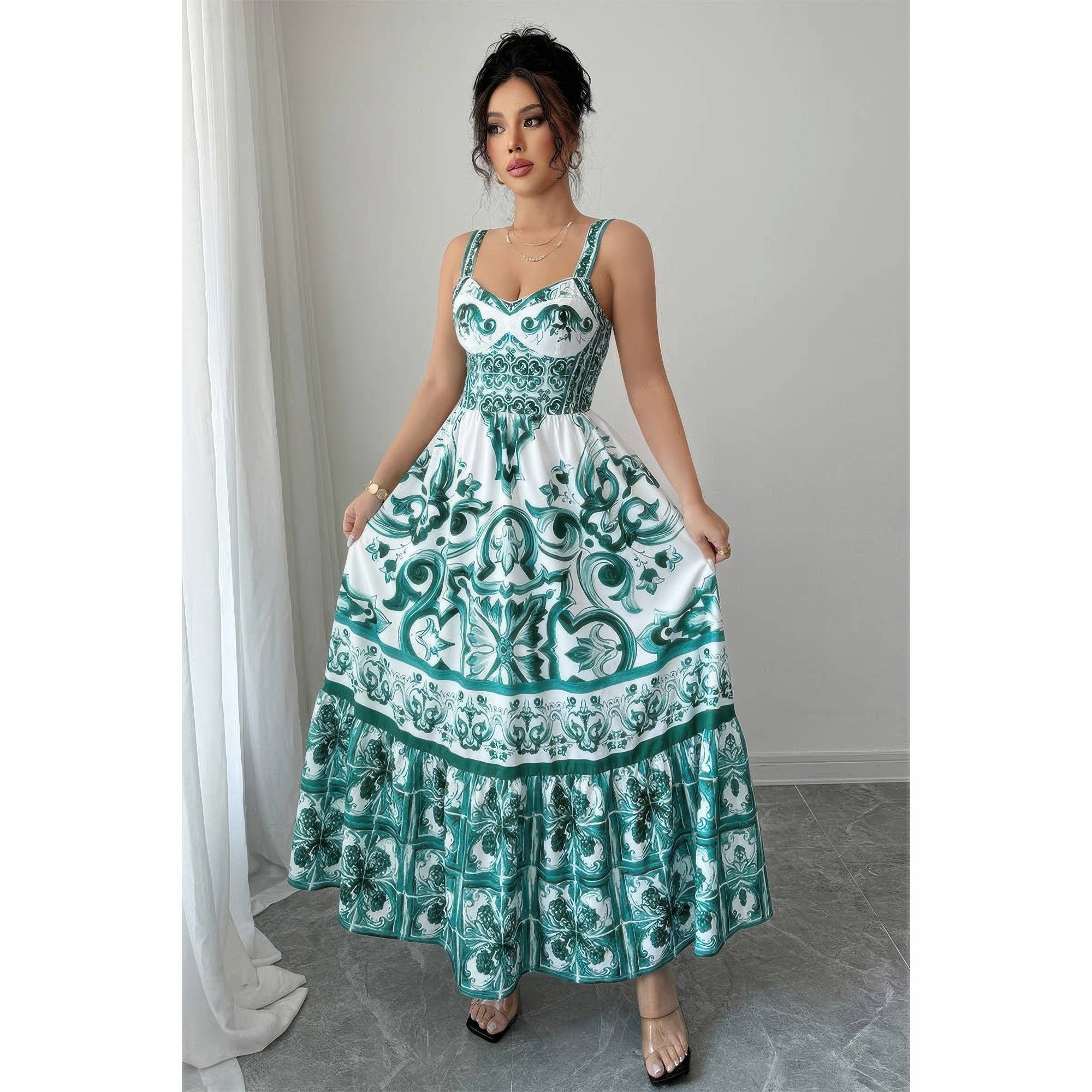 Sleeveless A Line Suspender Printed Long Dress - Flip Flop Dynasty